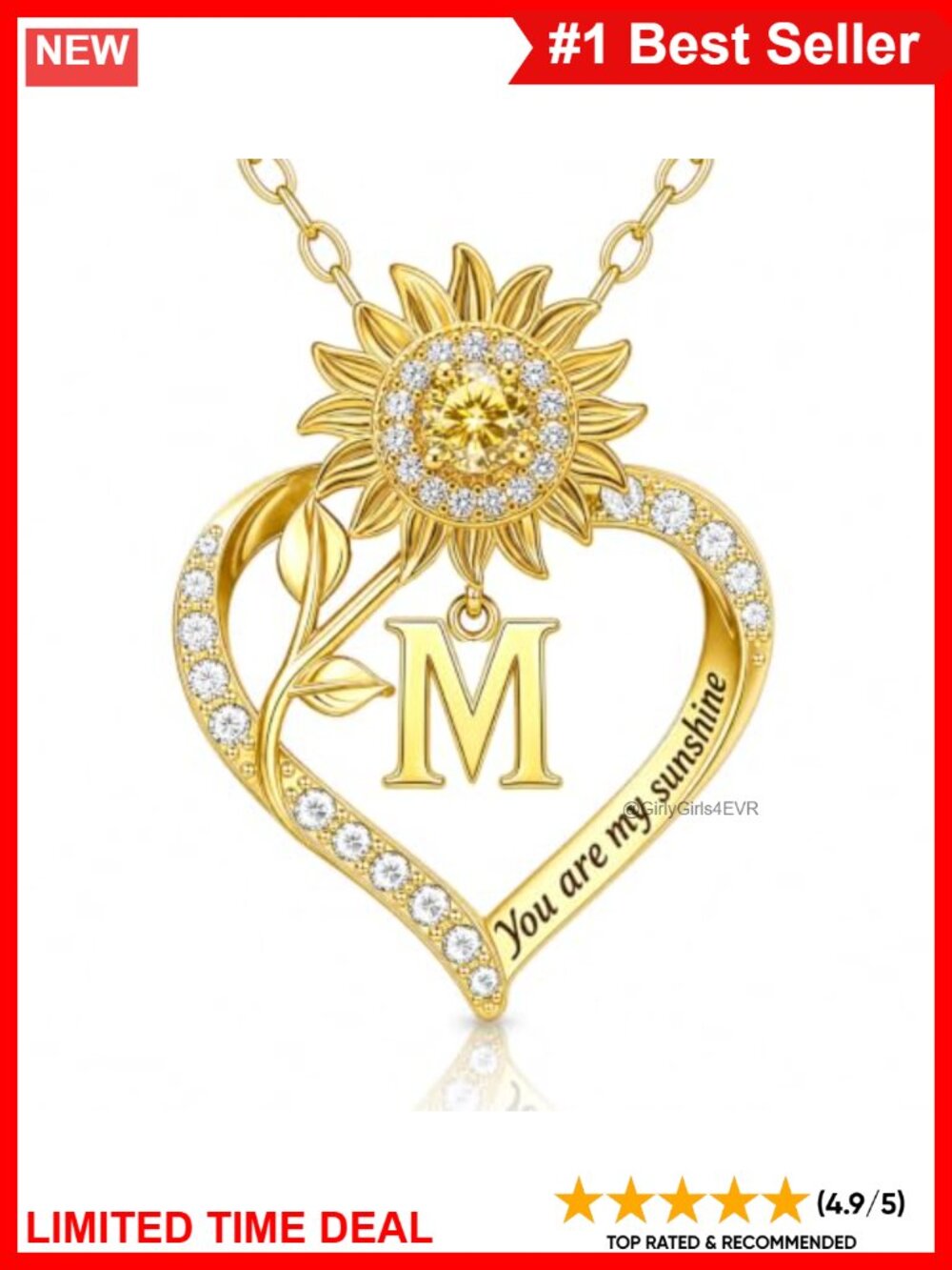 18K Gold Sunflower Initial Necklace Pendant Adjustable Chain Gift